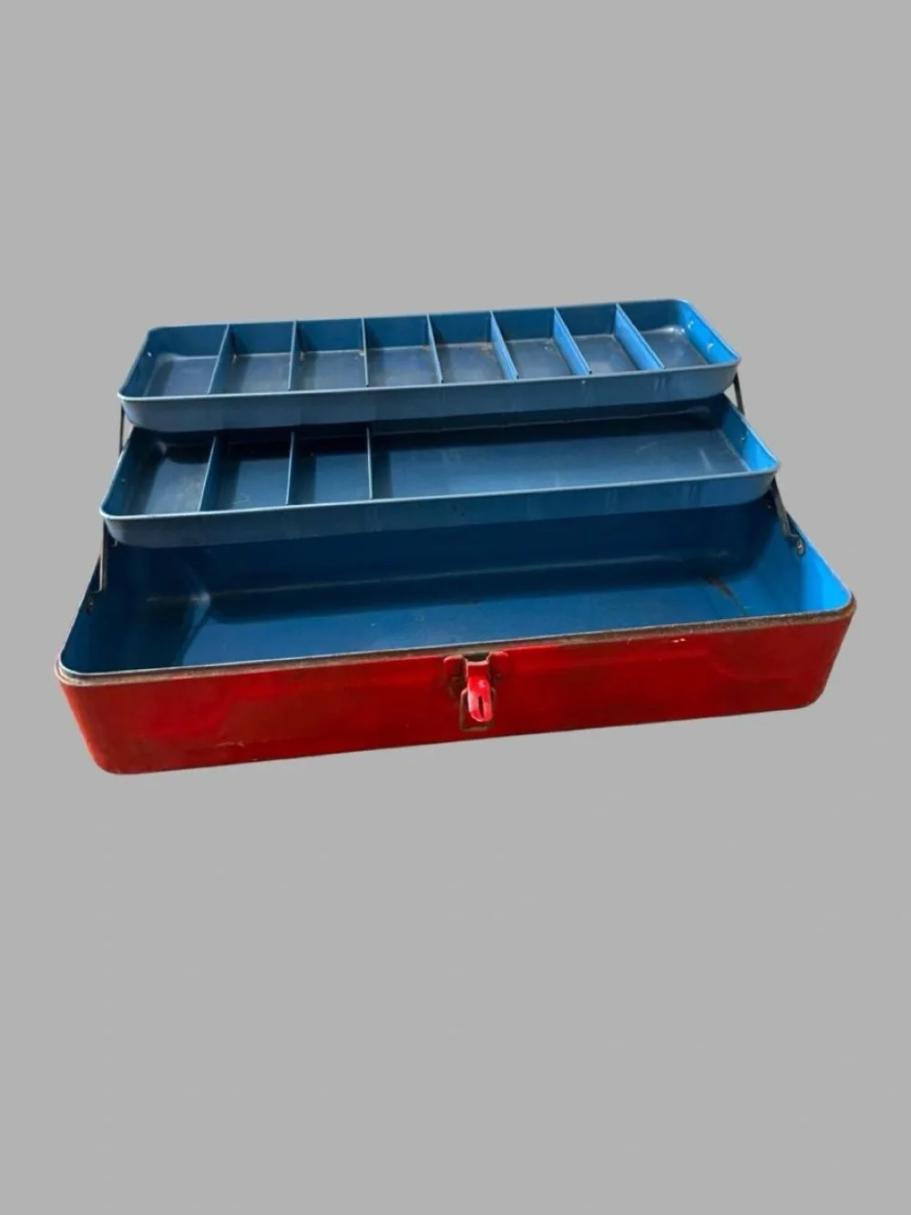 Vintage red metal cantilever toolbox – Blue tiered trays industrial storage